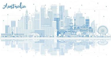 Outline Australia City Skyline with Blue Buildings and Reflections. vector