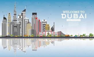 bienvenido al horizonte de dubai emiratos árabes unidos con edificios grises, cielo azul y reflejos. vector