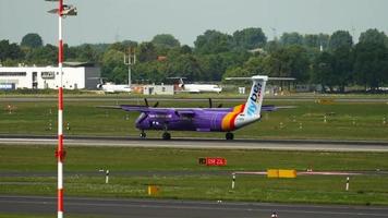 DUSSELDORF, GERMANY JULY 21, 2017 - FlyBe Bombardier Dash 8 Q400 G PRPN taxiing before departure. Dusseldorf Airport, Germany video