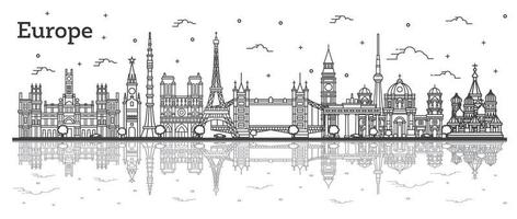 Outline Famous Landmarks in Europe with Reflections. vector