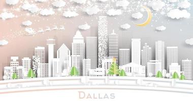 horizonte de la ciudad de dallas texas en estilo de corte de papel con copos de nieve, luna y guirnalda de neón. vector