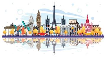 Famous Landmarks in Europe with Reflections Isolated on White. vector