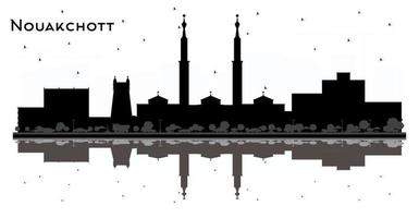 nouakchott mauritania city skyline silueta en blanco y negro con reflejos. vector