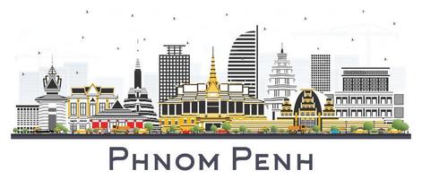 horizonte de la ciudad de phnom penh camboya con edificios de color aislados en blanco. vector