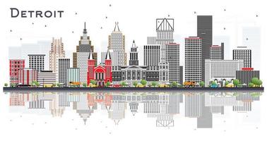 Detroit Michigan City Skyline with Gray Buildings and Reflections Isolated on White. vector