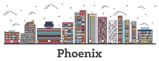 delinear el horizonte de la ciudad de phoenix arizona con edificios de color aislados en blanco. vector