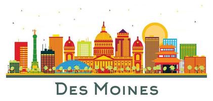 el horizonte de la ciudad de des moines, iowa, con edificios de colores aislados en blanco. vector