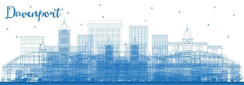 Outline Davenport Iowa Skyline with Blue Buildings.