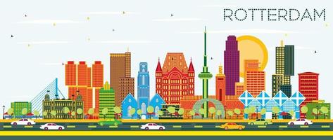 Rotterdam Netherlands City Skyline with Color Buildings and Blue Sky. vector