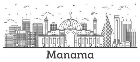 Outline Manama Bahrain City Skyline with Modern Buildings Isolated on White. vector