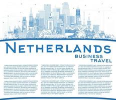 Outline Netherlands Skyline with Blue Buildings and Copy Space. vector