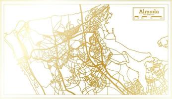 mapa de la ciudad de almada portugal en estilo retro en color dorado. esquema del mapa. vector