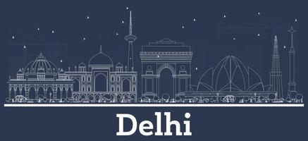 delinear el horizonte de la ciudad de delhi india con edificios blancos. vector