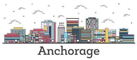 Outline Anchorage Alaska City Skyline with Color Buildings Isolated on White. vector