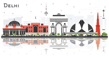 horizonte de la ciudad de delhi india con edificios de color y reflejos aislados sobre fondo blanco. vector