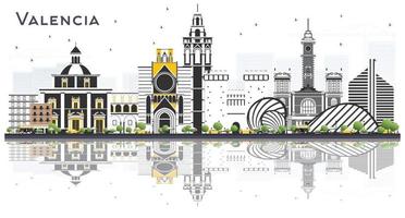 horizonte de la ciudad de valencia españa con edificios de color y reflejos aislados en blanco. vector