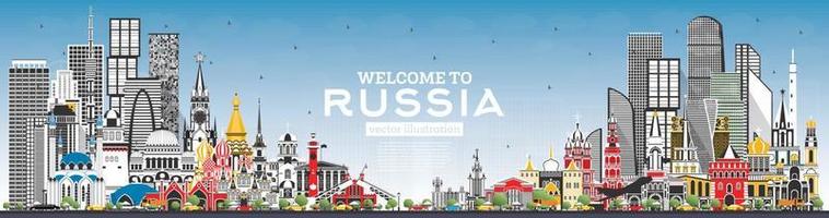 Welcome to Russia Skyline with Gray Buildings and Blue Sky. vector
