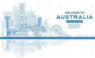 Outline Welcome to Australia Skyline with Blue Buildings and Reflections. vector