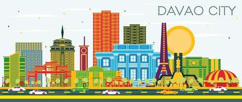 Davao City Philippines Skyline with Color Buildings and Blue Sky. vector