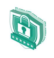 Isometric 3d Cyber Security Concept. Outline Shield Icon and Safe Password Isolated on White Background. vector