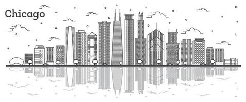 esbozar el horizonte de la ciudad de chicago, illinois, con edificios modernos y reflejos aislados en blanco. vector