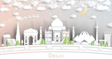 Delhi India City Skyline in Paper Cut Style with Snowflakes, Moon and Neon Garland. vector