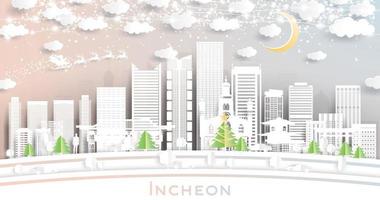 el horizonte de la ciudad de incheon corea del sur en estilo de corte de papel con copos de nieve, luna y guirnalda de neón.