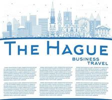 Outline The Hague Netherlands City Skyline with Blue Buildings and Copy Space. vector