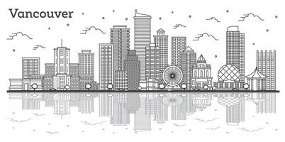 esbozar el horizonte de la ciudad de vancouver canadá con edificios modernos y reflejos aislados en blanco. vector