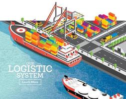 Isometric Sea Port with Container Ship. Gantry Crane Loads Cargo on Ship. Port Infrastructure. vector