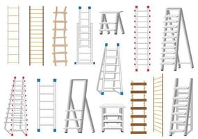 Ladders Set Made from Different Materials Wood and Metal. Rope Ladder. vector