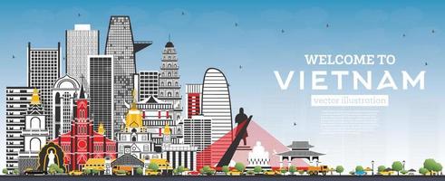 Welcome to Vietnam Skyline with Gray Buildings and Blue Sky. vector