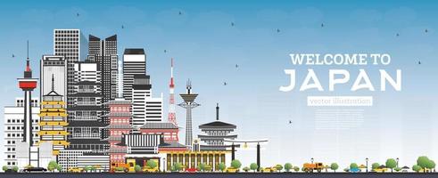 Welcome to Japan Skyline with Gray Buildings and Blue Sky. vector