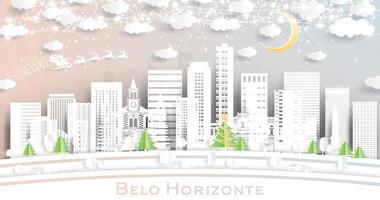 horizonte de la ciudad de belo horizonte brasil en estilo de corte de papel con copos de nieve, luna y guirnalda de neón. vector