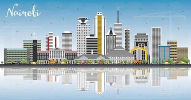 Nairobi Kenya City Skyline with Color Buildings, Blue Sky and Reflections. vector