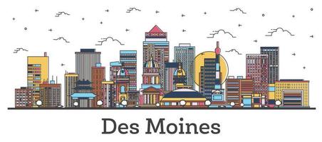 Outline Des Moines Iowa City Skyline with Color Buildings Isolated on White. vector