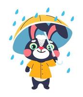 personaje de conejo con paraguas de pie bajo la lluvia vector