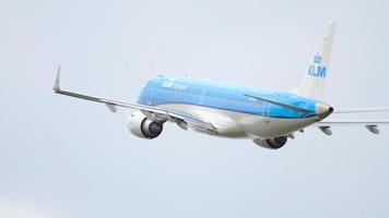 AMSTERDAM, THE NETHERLANDS JULY 24, 2017 - KLM Cityhopper Embraer 190 PH EXE rotate at runway 36L Polderbaan. Shiphol Airport, Amsterdam, Holland video