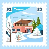 Winter landscape with chalet or house postmark vector