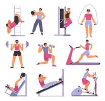 Gym working out and training, fitness exercises vector