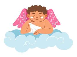 Kid angel with wings sitting on cloud in haven vector