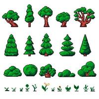 Pixelated trees for 8 bit games, flowers and plant vector