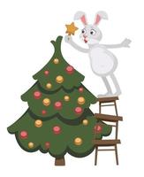 Rabbit character decorating pine tree for xmas vector