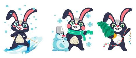 Hares in winter, skiing and sculpting snowman vector