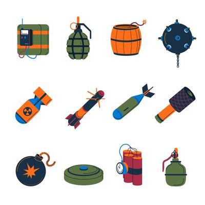 Bomb types, missiles and rockets icons vector