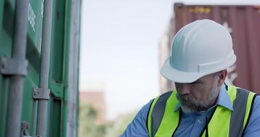 Handheld medium shot, middle-aged Caucasian Business engineer man wearing helmet checking transport container and writing on clipboard at storage port terminal video