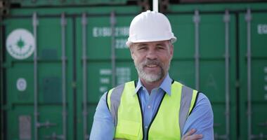 ritratto di di mezza età caucasico attività commerciale ingegnere uomo indossare casco In piedi con braccia attraversato, Sorridi e Guarda a il telecamera mentre Lavorando nel contenitore terminale porta video