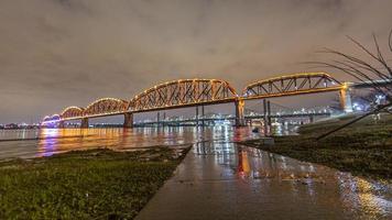 vista sobre el puente big four y el río ohio en louisville por la noche con iluminación colorida en primavera foto