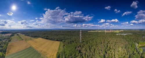 Aerial panoramic picture of a high voltage power line in forest area photo