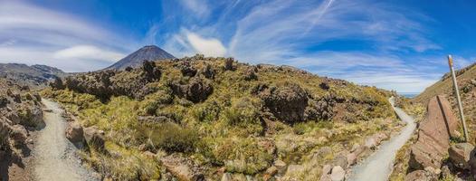 Panoramic picture of Mount Ngauruhoe in the Tongariro National Park on northern island of New Zealand in summer photo